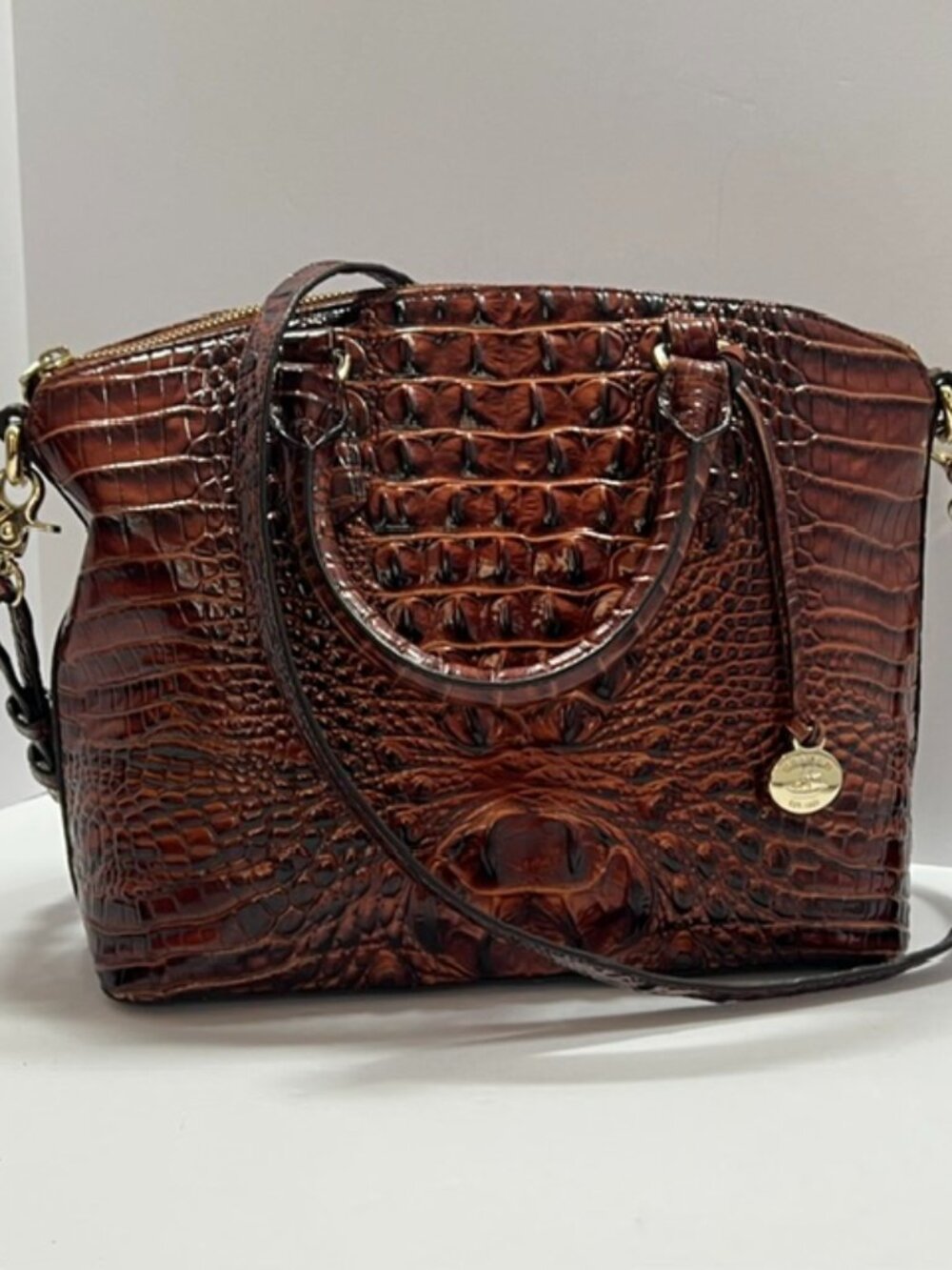 BRAHMIN Duxbury Satchel in Pecan Melbourne Croc Embossed Leather Gold hardware